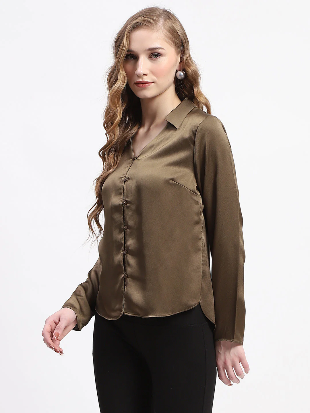 Madame Satin Bell Sleeve Collared Solid Olive Green Top - Image 4