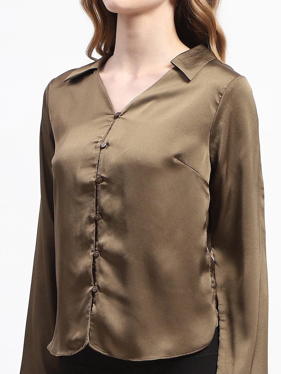 Madame Satin Bell Sleeve Collared Solid Olive Green Top - Image 6