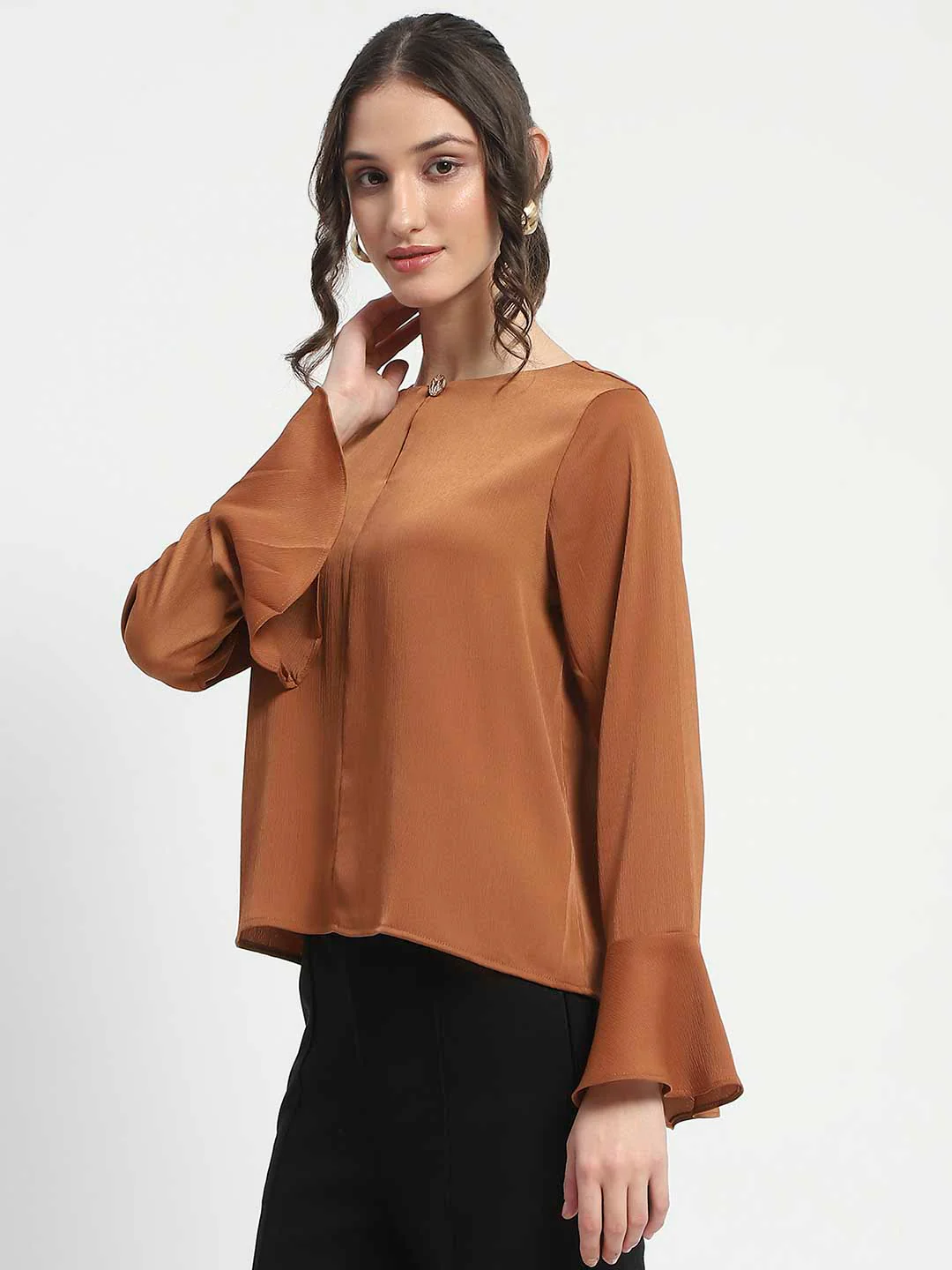 Madame Solid Golden Ruffle Sleeve Satin Top - Image 5