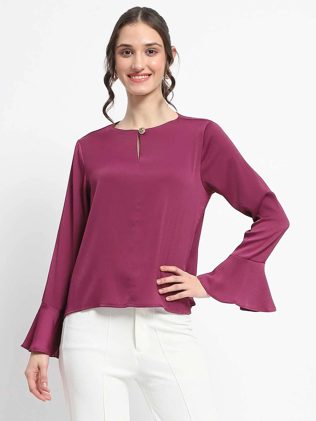 Madame Solid Plum Ruffle Sleeve Satin Top - Image 3