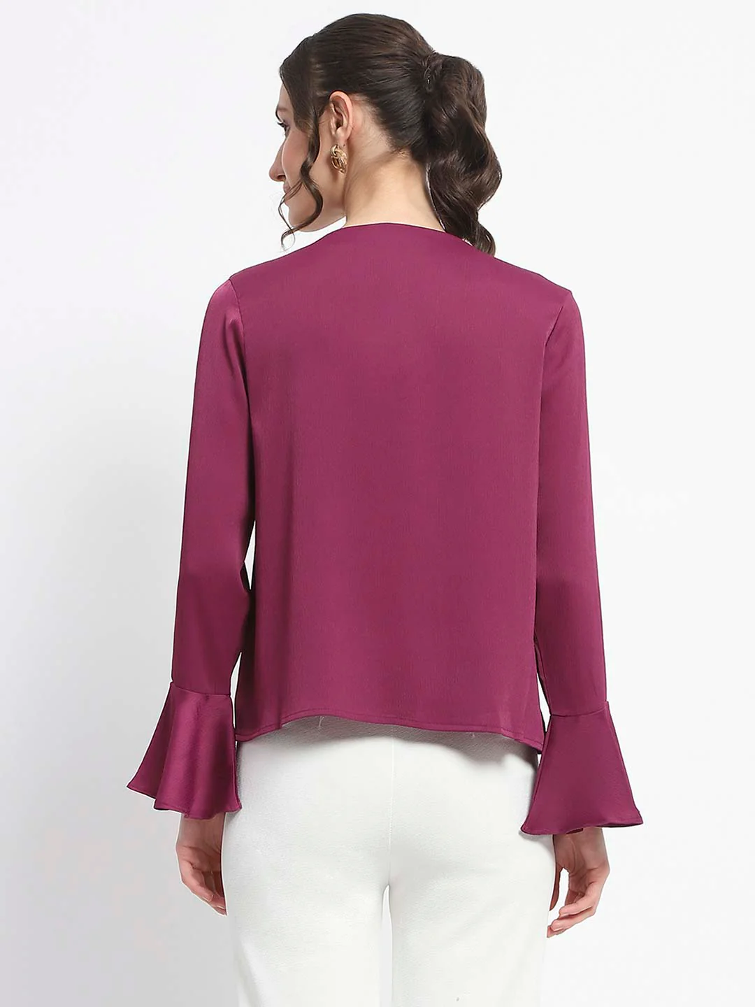 Madame Solid Plum Ruffle Sleeve Satin Top - Image 6