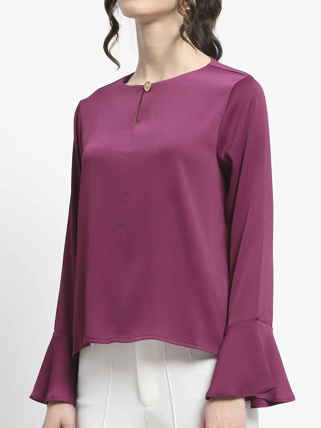 Madame Solid Plum Ruffle Sleeve Satin Top - Image 7