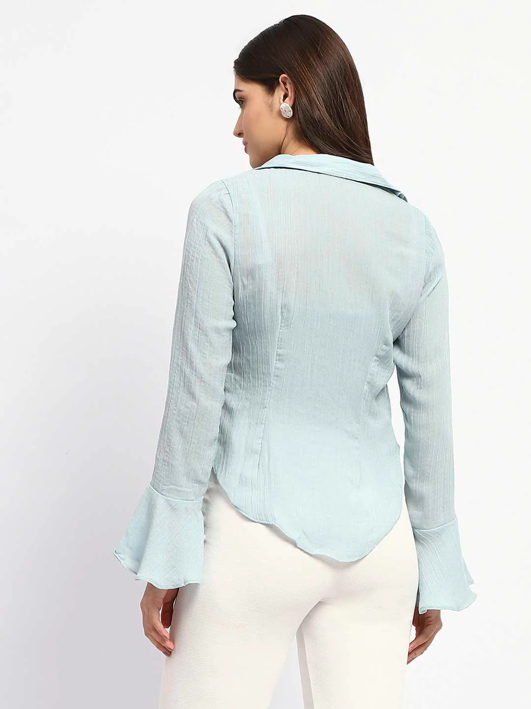 Madame Solid Sky Blue Ruffle Neck Bell Sleeve Top - Image 5