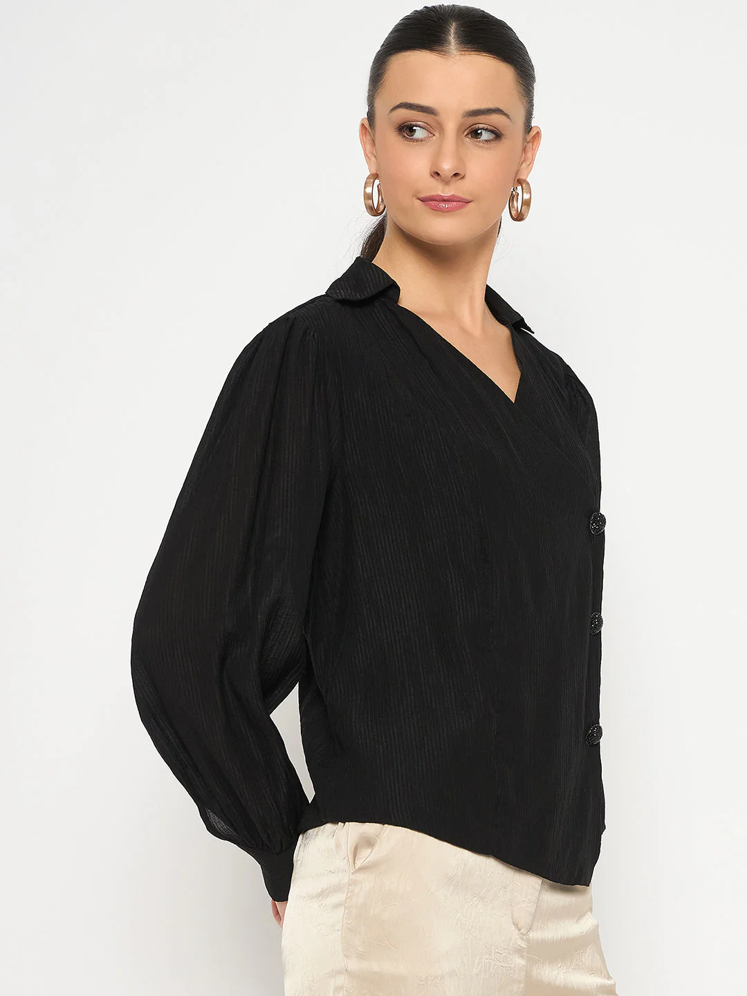 Madame Black Asymmetrical Hemline Rayon Blend Shirt - Image 4