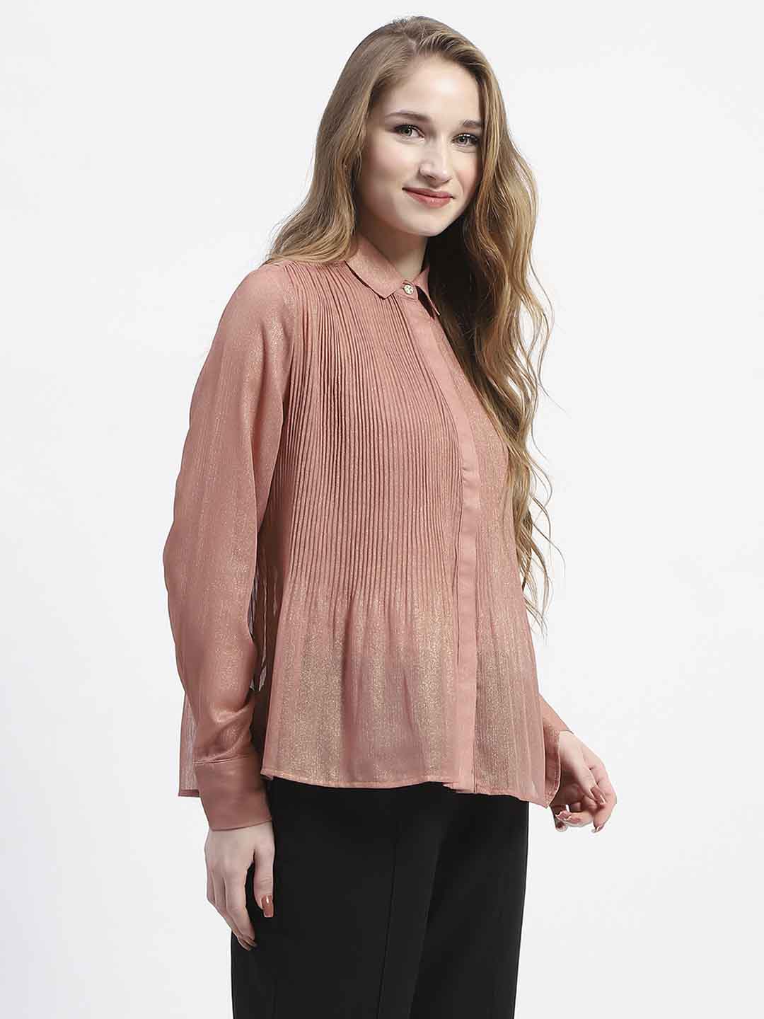 Madame Shimmer Pleated Hem Sheer Peach Shirt - Image 3