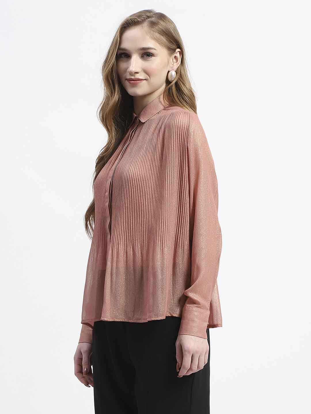 Madame Shimmer Pleated Hem Sheer Peach Shirt - Image 4