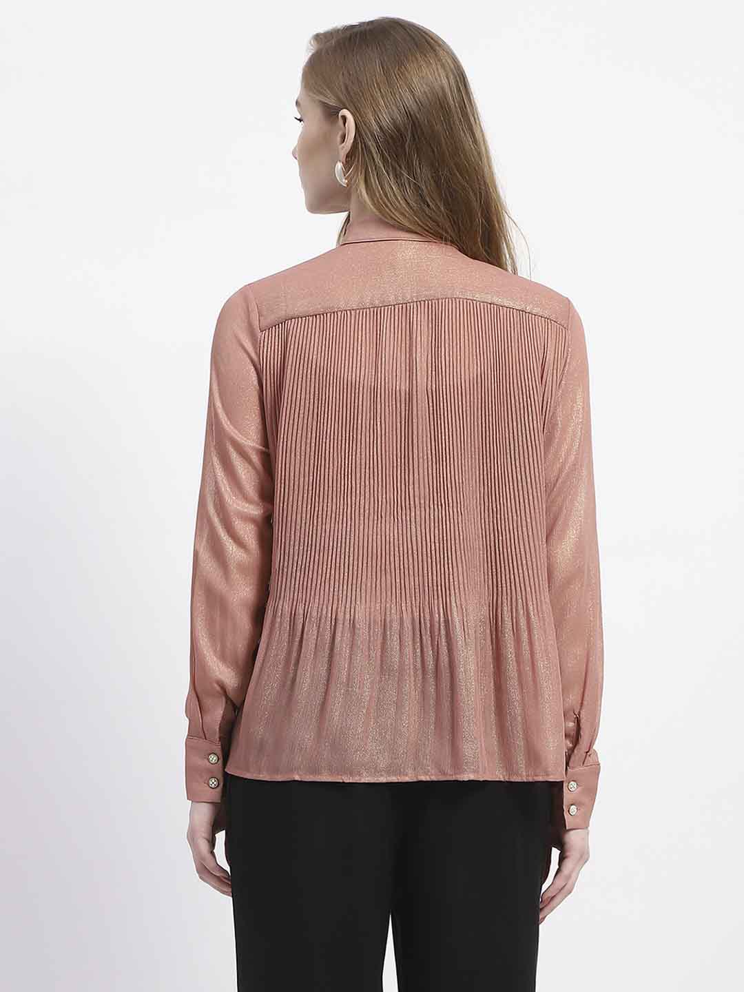 Madame Shimmer Pleated Hem Sheer Peach Shirt - Image 5