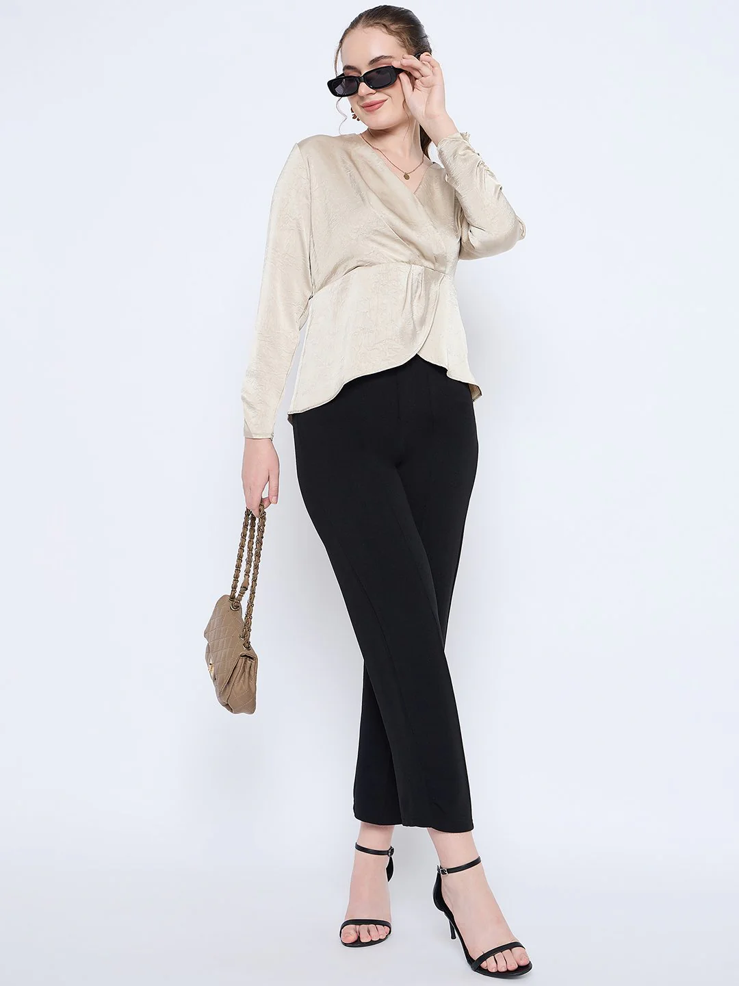 Madame Wrap Detailed V neck Full Sleeve Beige Peplum Top - Image 2