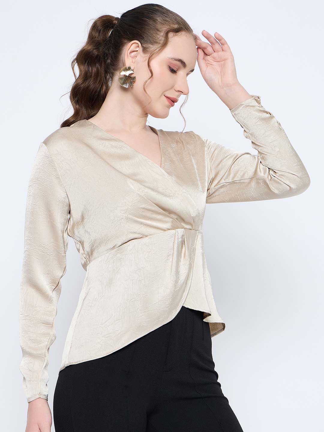 Madame Wrap Detailed V neck Full Sleeve Beige Peplum Top - Image 4