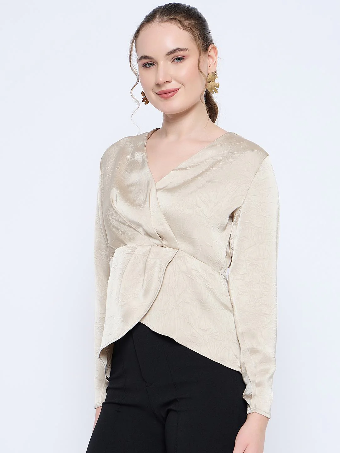 Madame Wrap Detailed V neck Full Sleeve Beige Peplum Top - Image 5