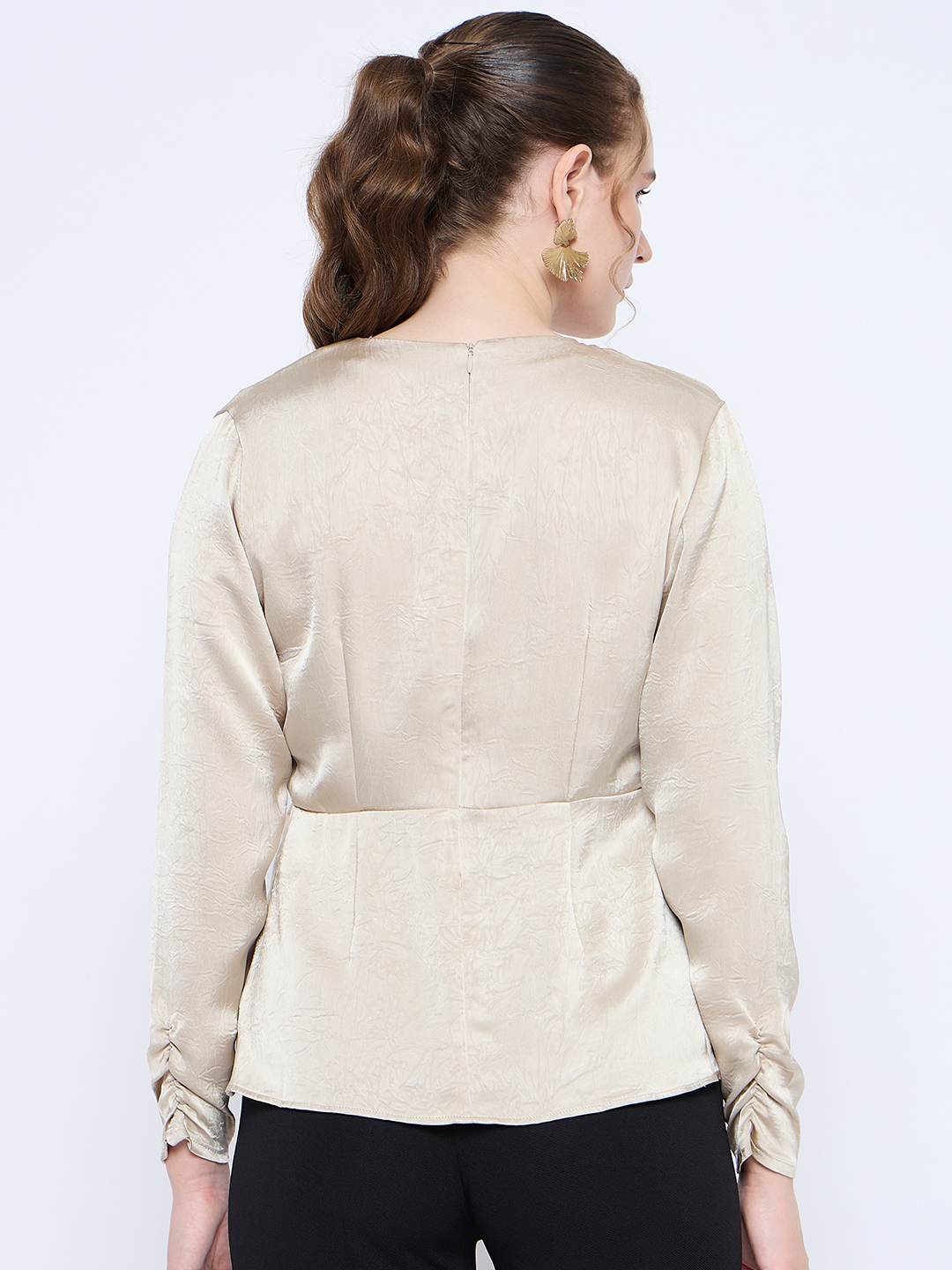 Madame Wrap Detailed V neck Full Sleeve Beige Peplum Top - Image 6