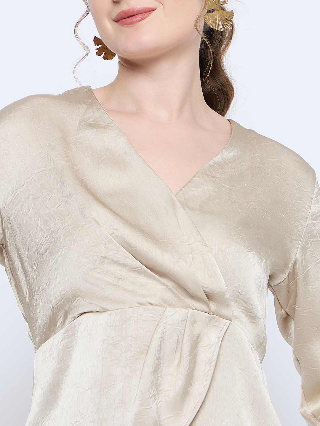 Madame Wrap Detailed V neck Full Sleeve Beige Peplum Top - Image 7