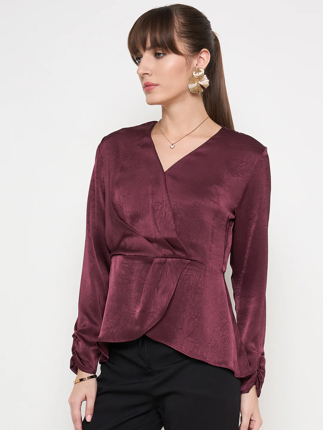 Madame Solid Maroon Overlap Asymmetrical Ruched Sleeve Satin Top - Image 5