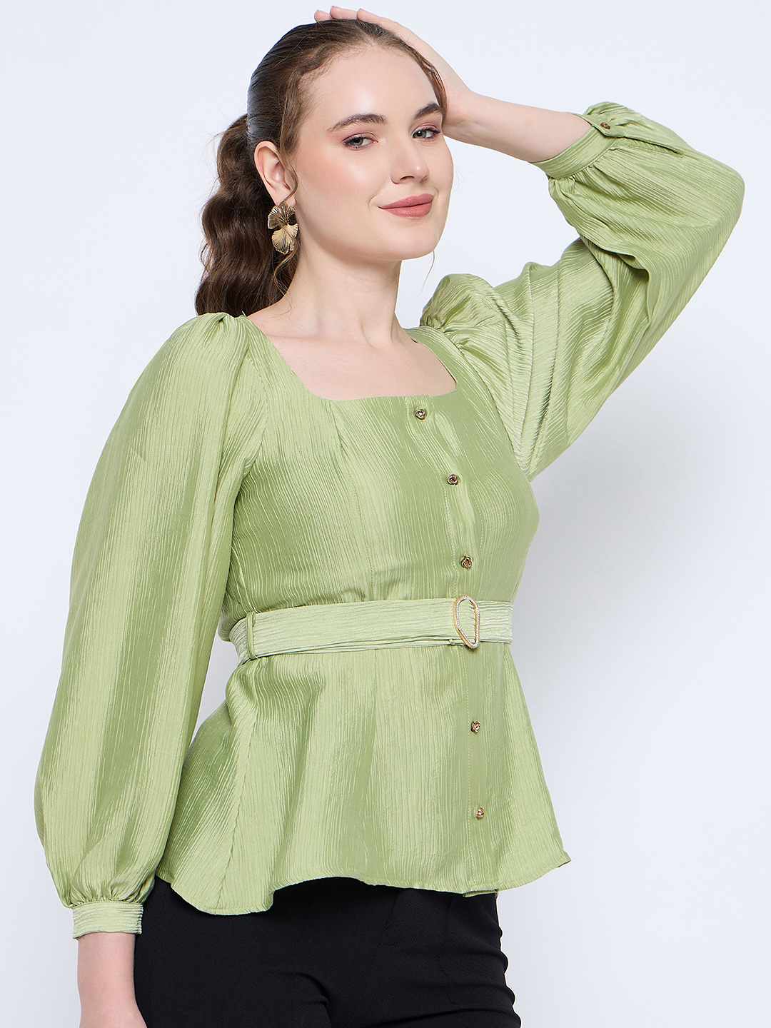 Madame Green Rayon Blend Square Neck Belted Button Front Top - Image 4