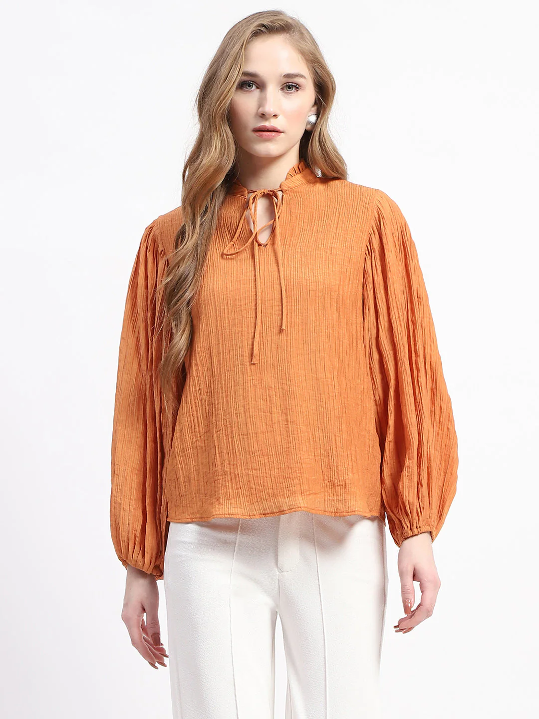 Madame Mock Neck Solid Orange Cotton Blend Top - Image 2