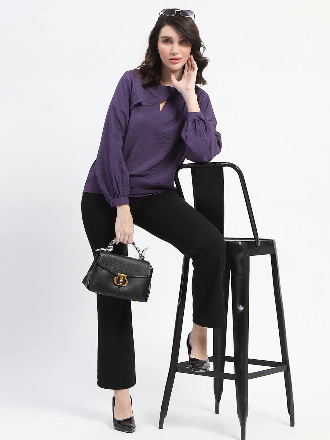 Madame Embellished Collar Ban Neck Solid Purple Top