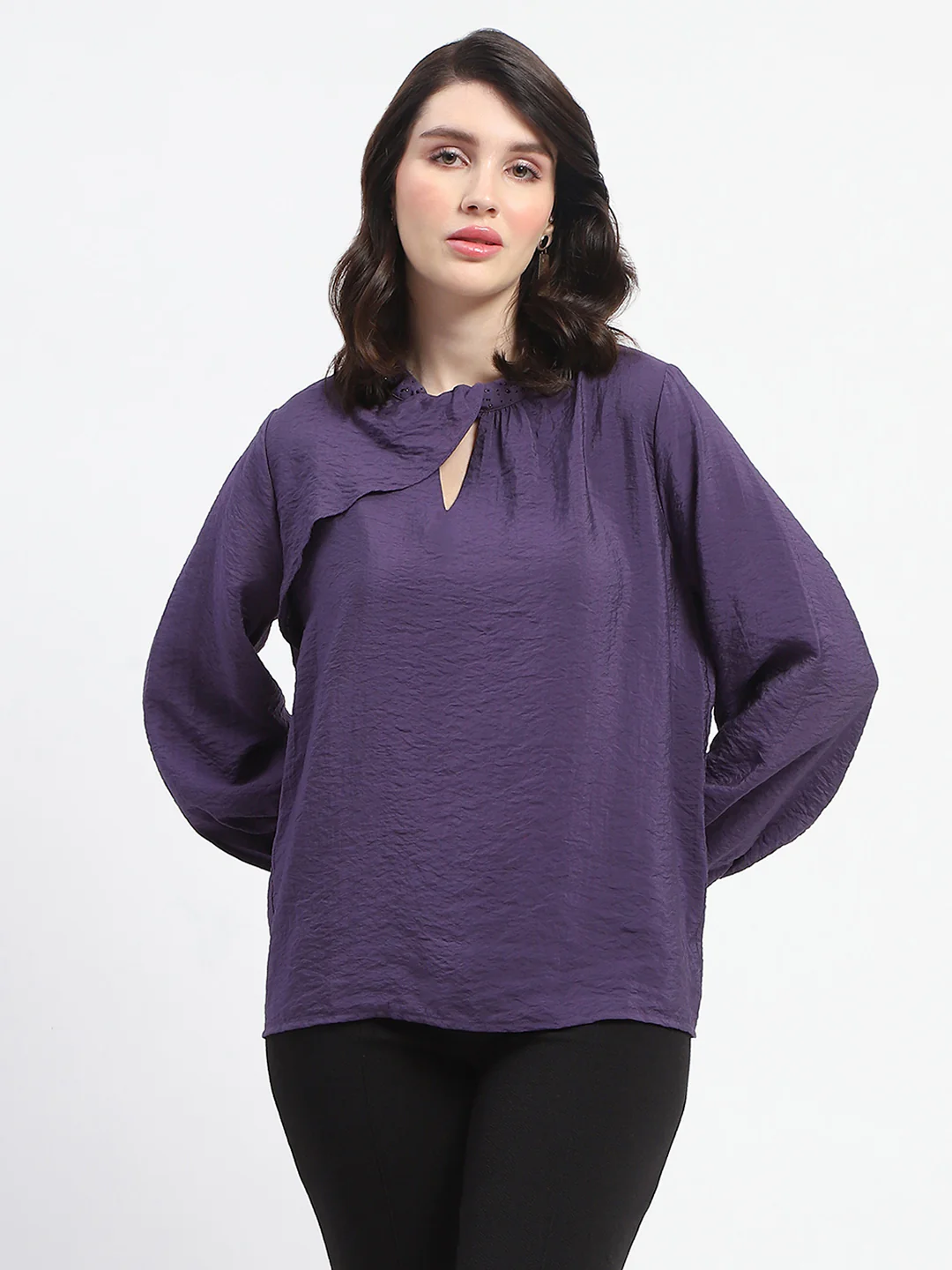 Madame Embellished Collar Ban Neck Solid Purple Top - Image 2