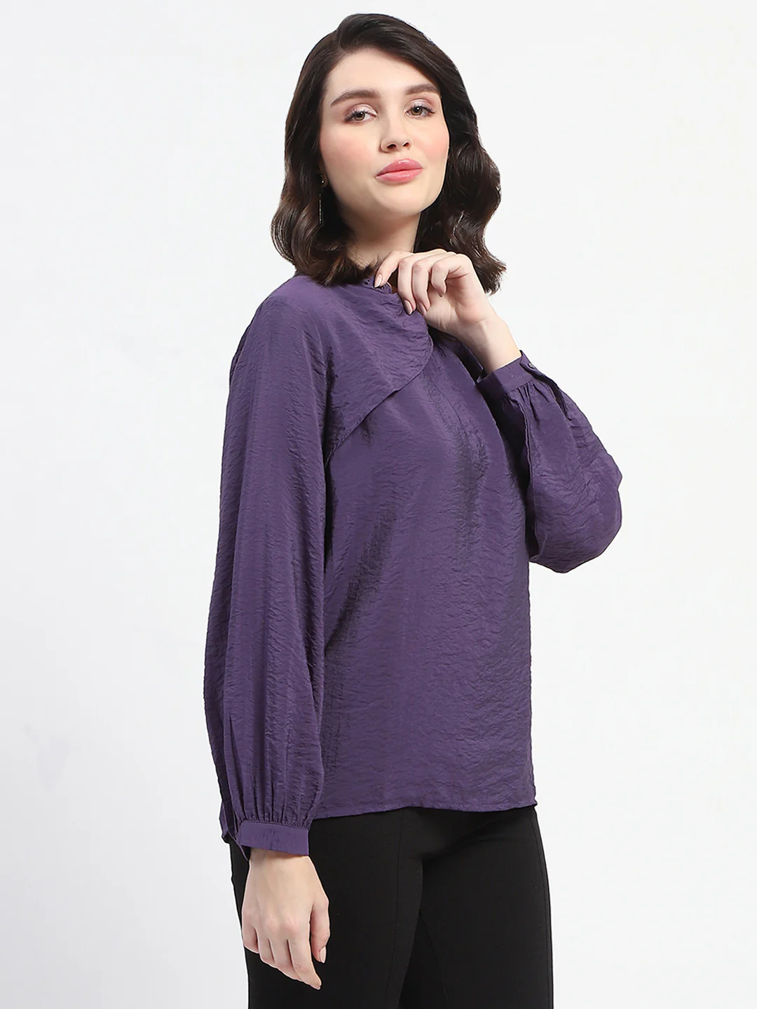 Madame Embellished Collar Ban Neck Solid Purple Top - Image 3