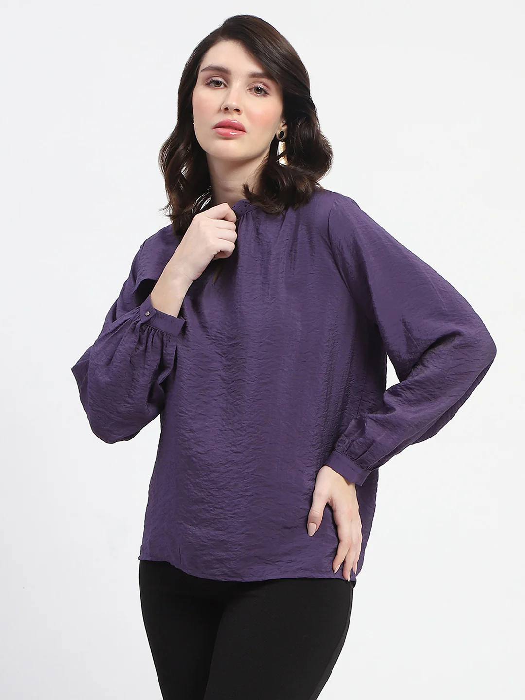 Madame Embellished Collar Ban Neck Solid Purple Top - Image 4