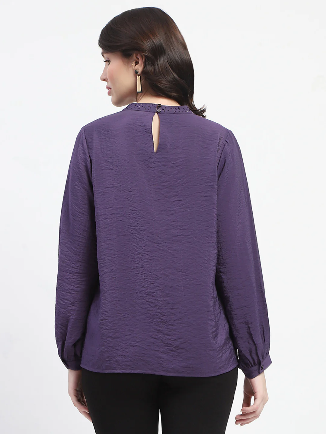 Madame Embellished Collar Ban Neck Solid Purple Top - Image 5