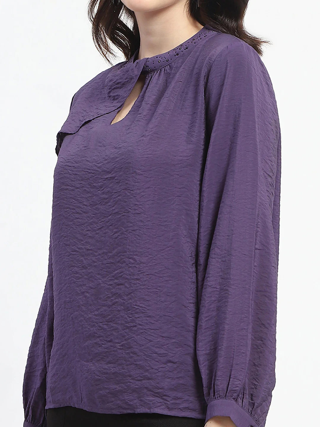 Madame Embellished Collar Ban Neck Solid Purple Top - Image 6