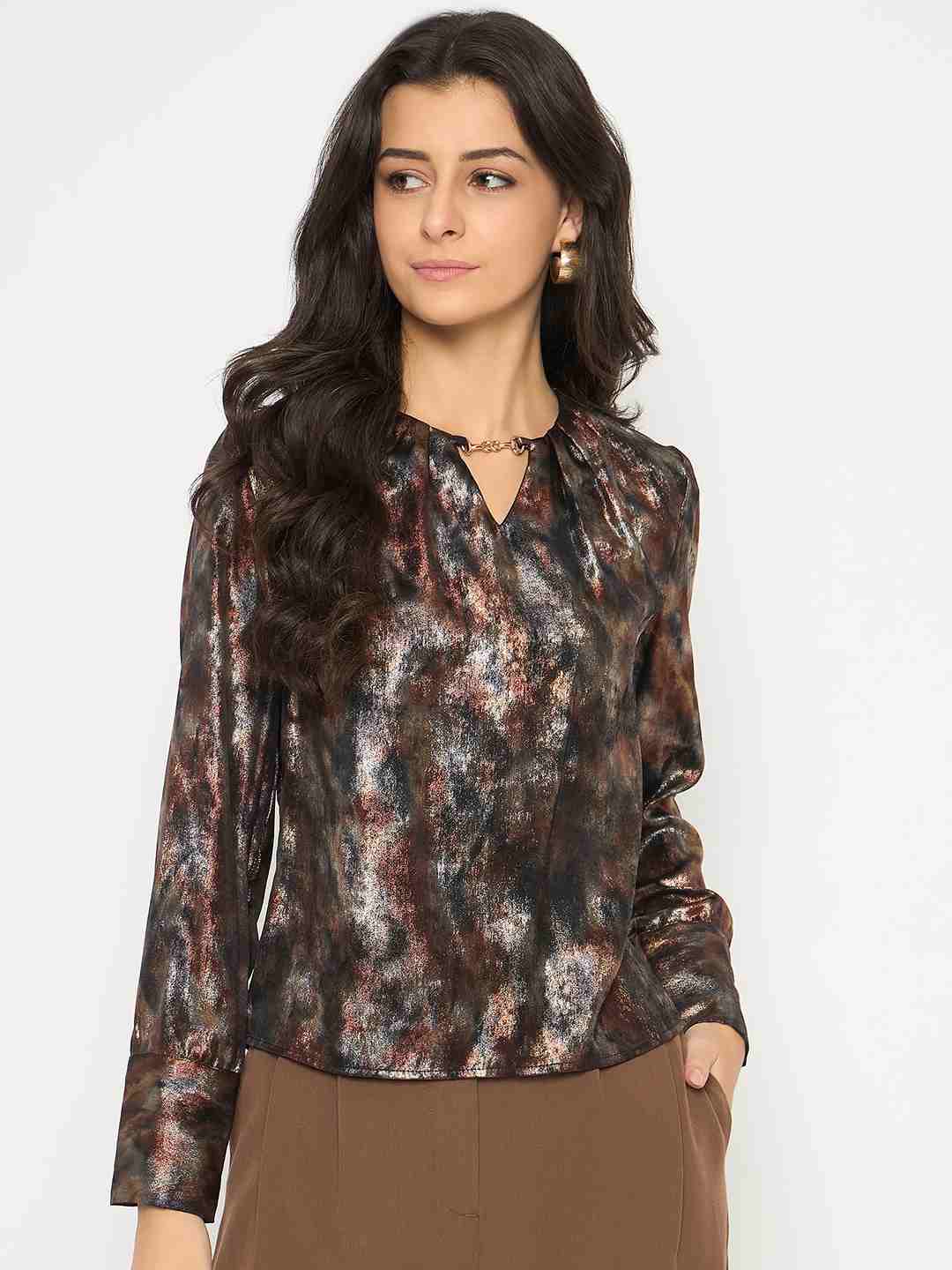 Madame Metal Buckled Neckline Tie Dye Black Satin Top - Image 3