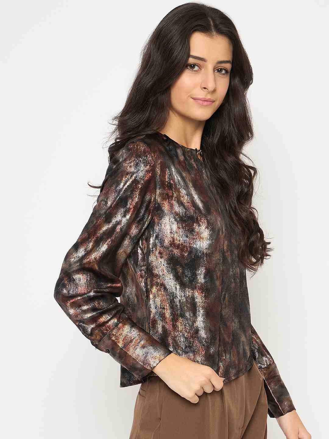 Madame Metal Buckled Neckline Tie Dye Black Satin Top - Image 4