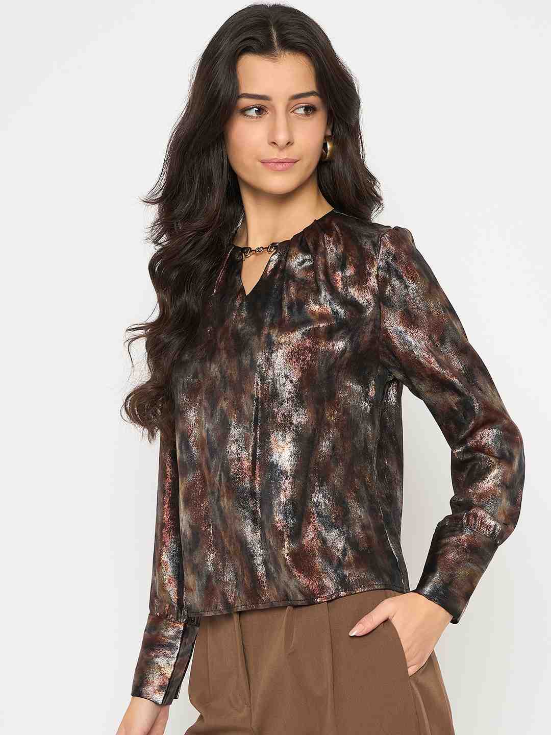 Madame Metal Buckled Neckline Tie Dye Black Satin Top - Image 5
