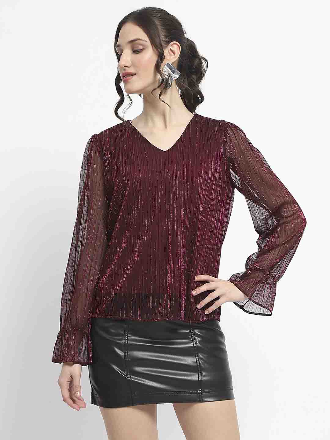 Madame Ruffle Sleeve Plum Shimmery Top - Image 3