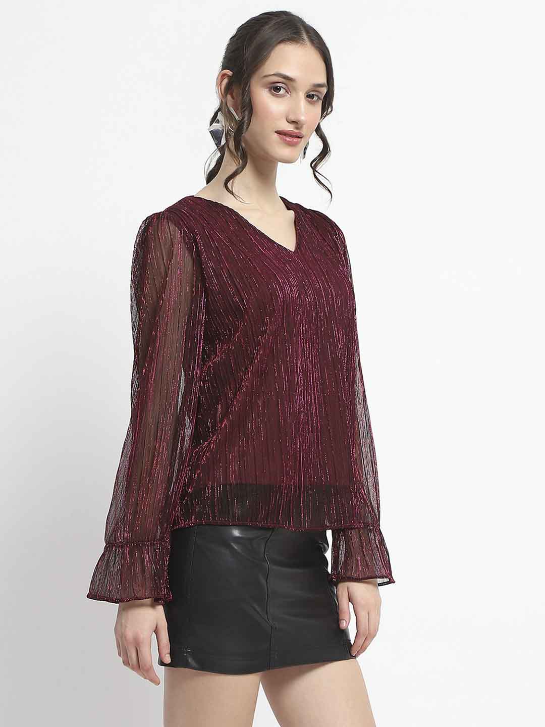 Madame Ruffle Sleeve Plum Shimmery Top - Image 4