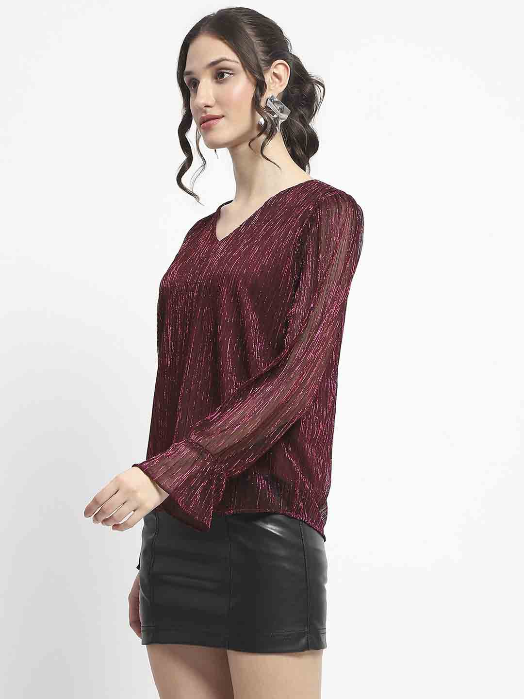 Madame Ruffle Sleeve Plum Shimmery Top - Image 5
