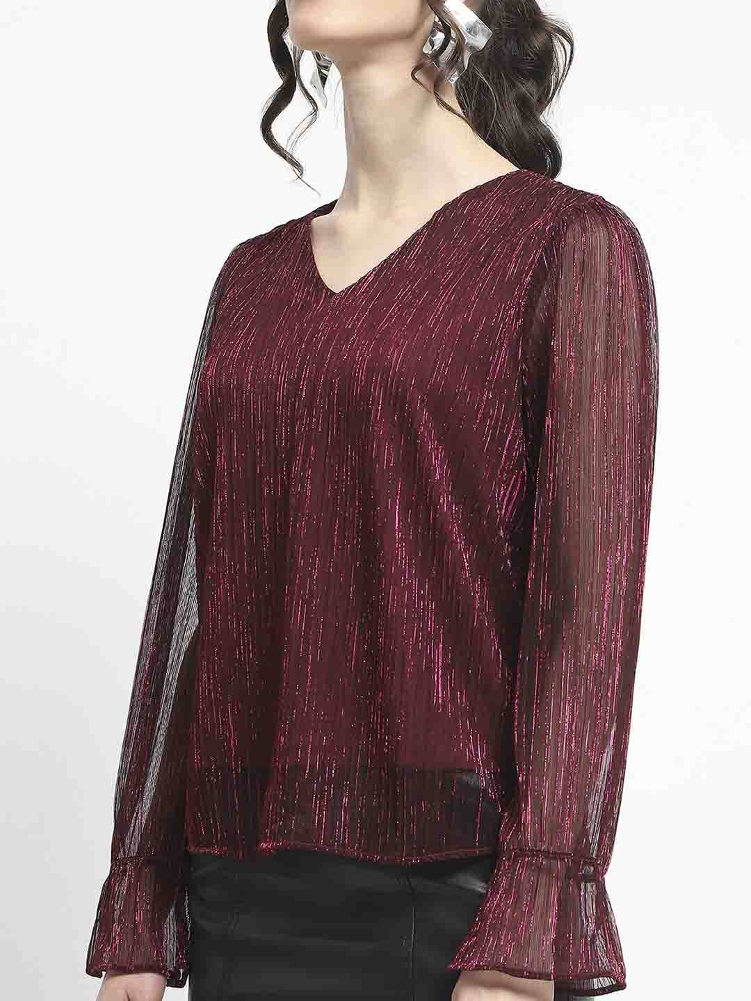 Madame Ruffle Sleeve Plum Shimmery Top - Image 7