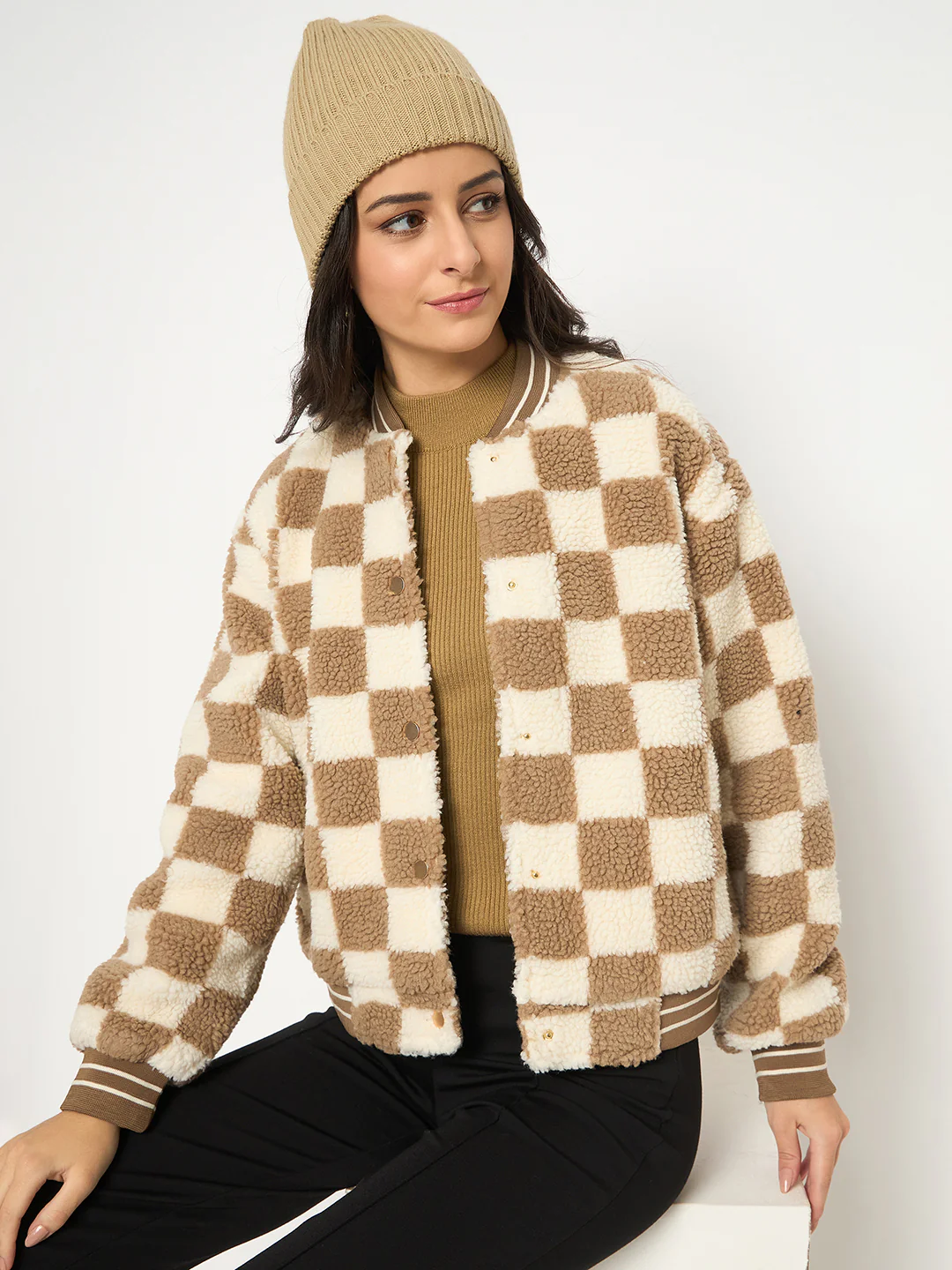 Madame Chequered Zipped Brown Bomber Jacket