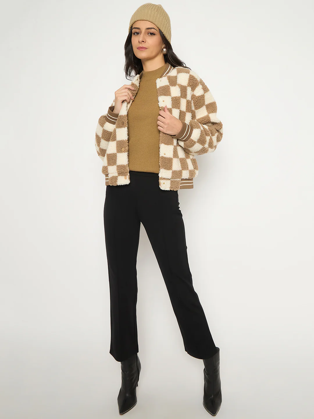 Madame Chequered Zipped Brown Bomber Jacket - Image 2