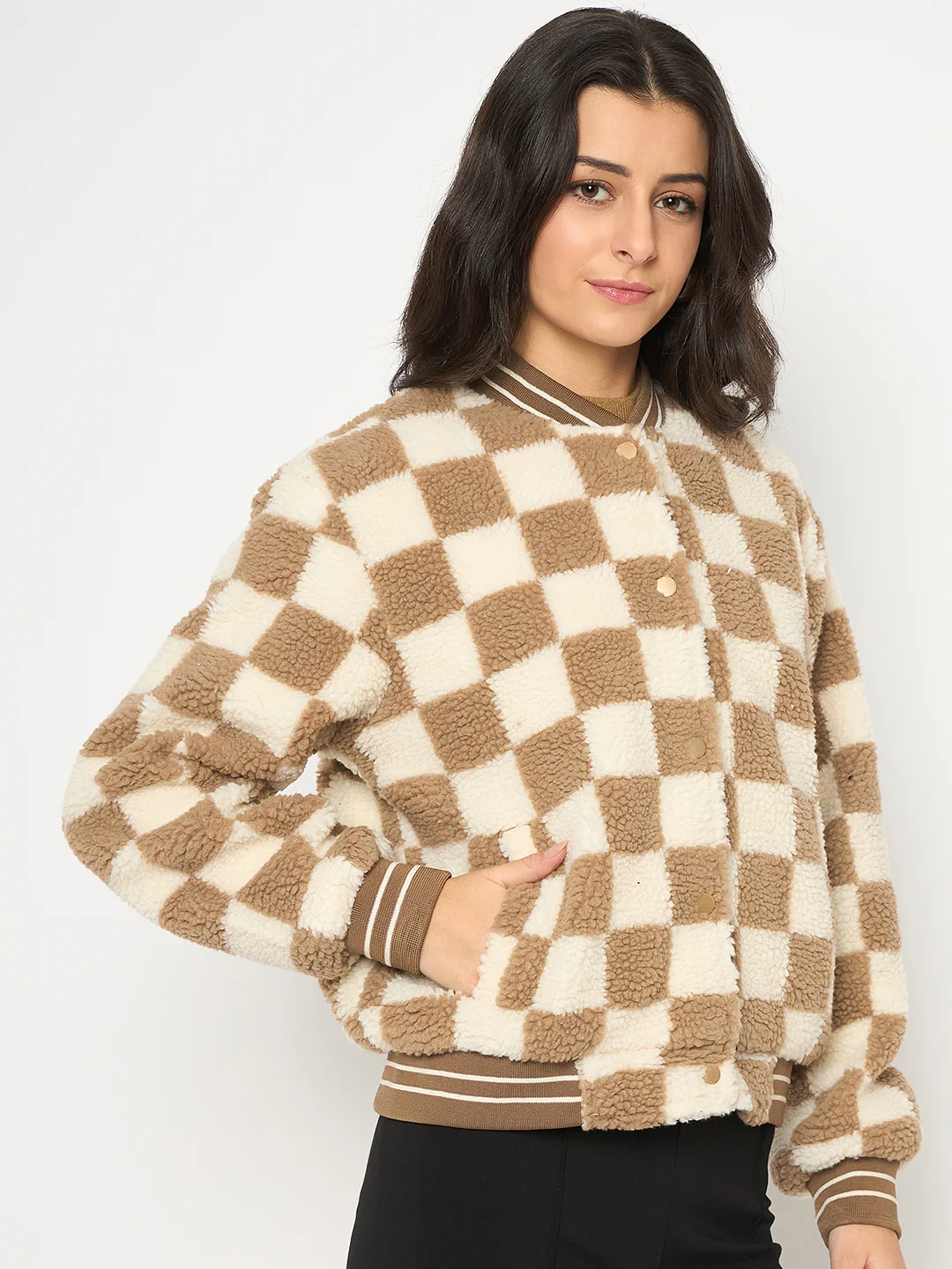 Madame Chequered Zipped Brown Bomber Jacket - Image 4