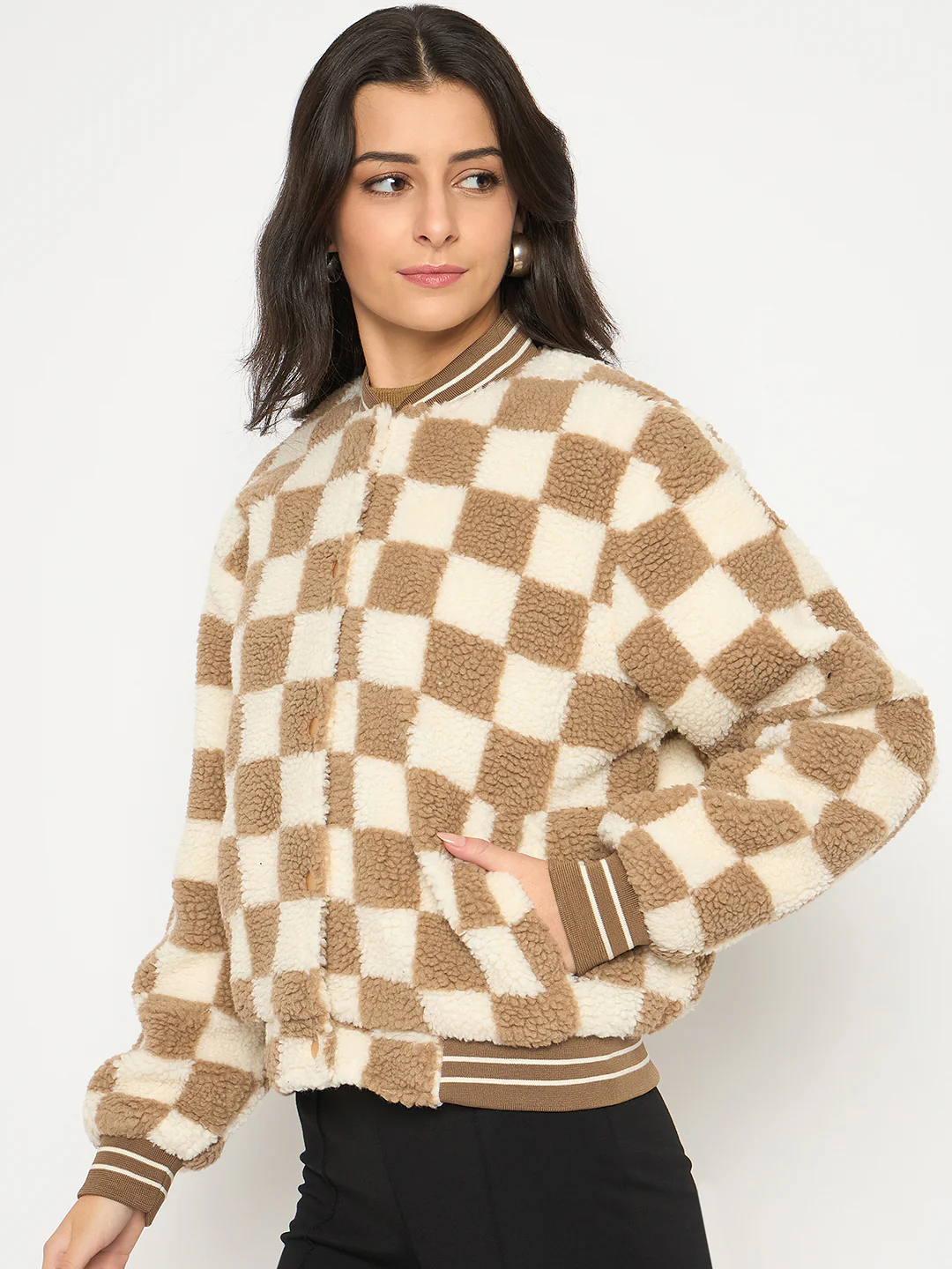 Madame Chequered Zipped Brown Bomber Jacket - Image 5