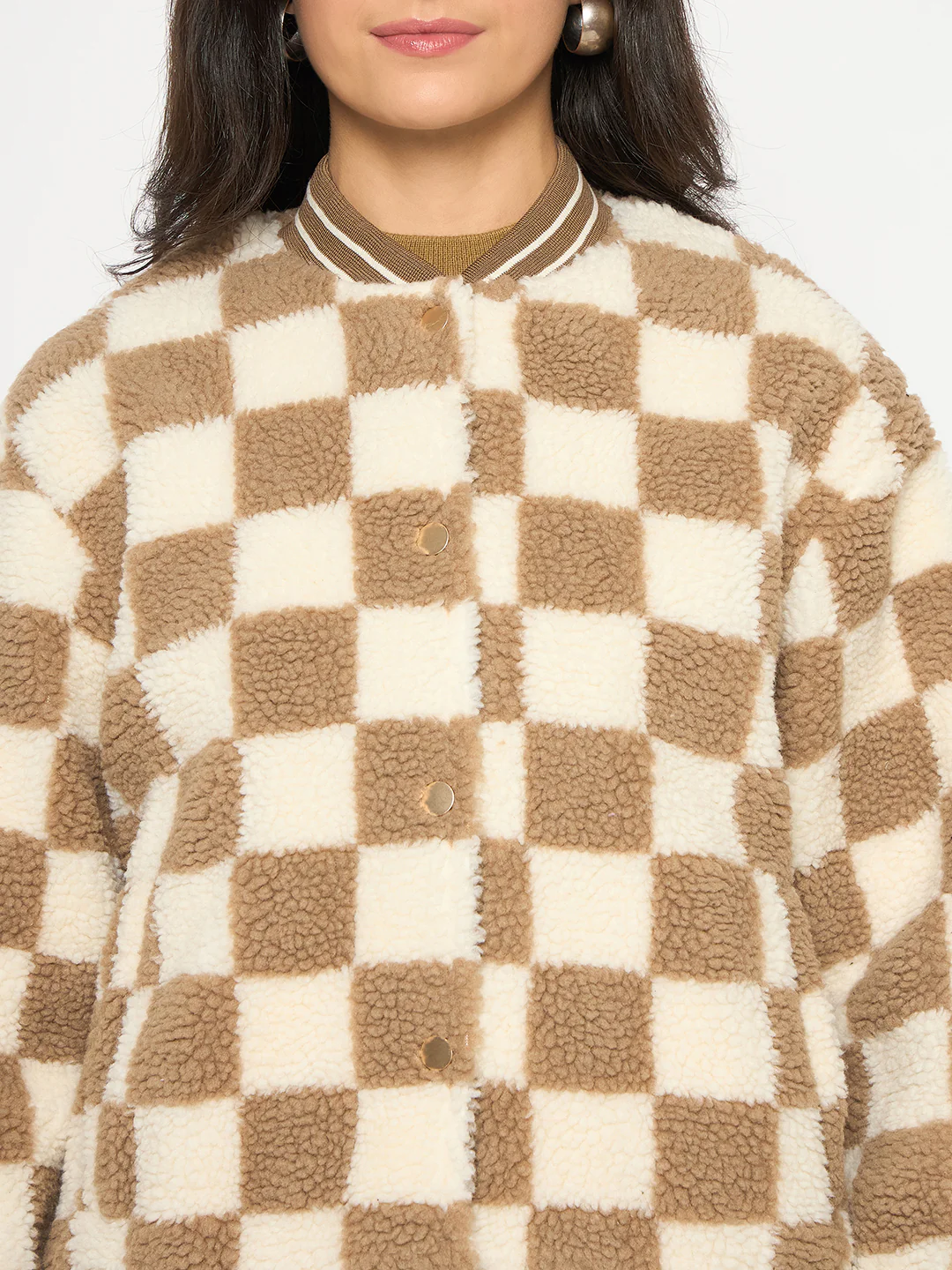 Madame Chequered Zipped Brown Bomber Jacket - Image 7