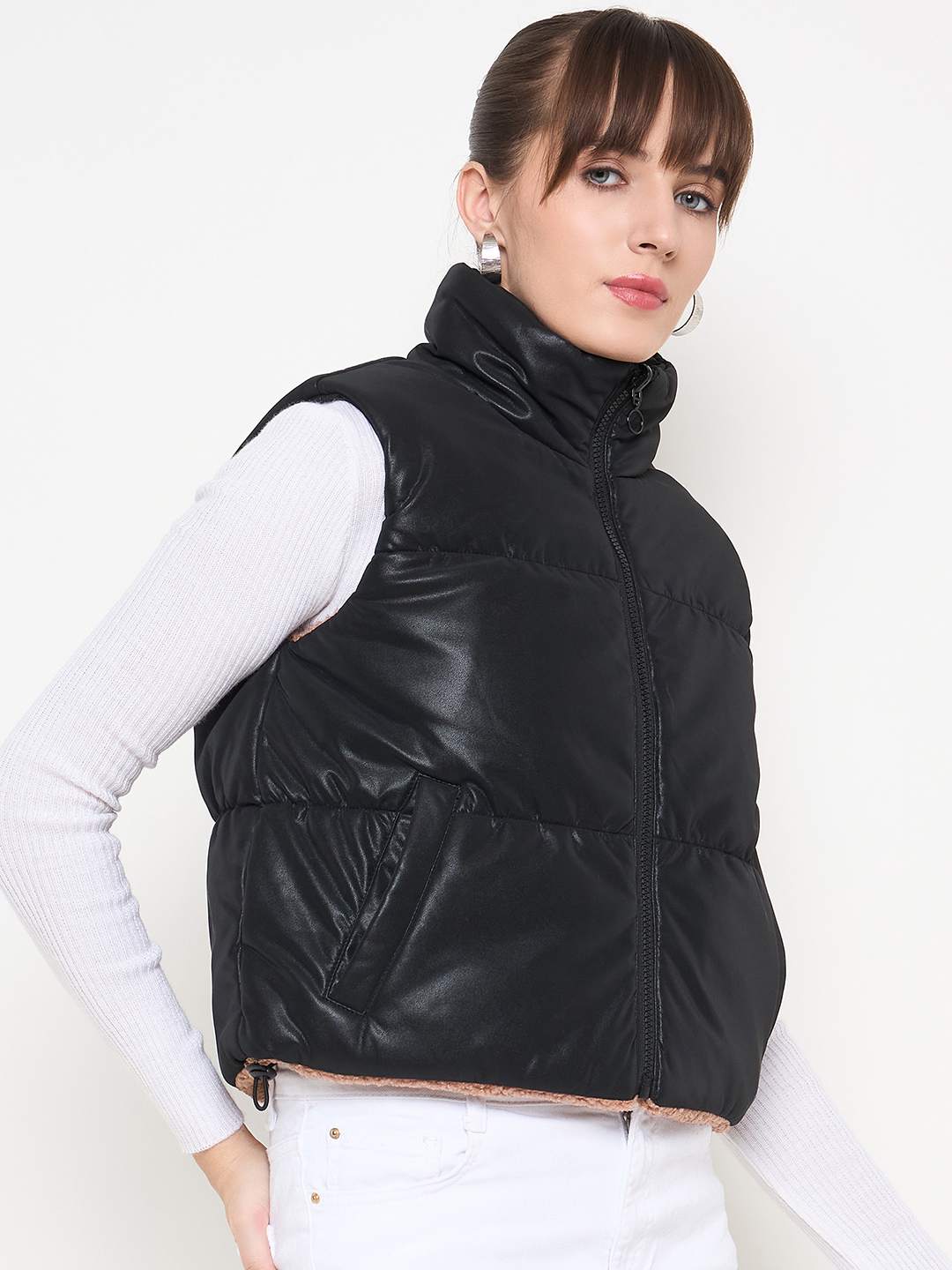 Madame Quilted Reversible Faux Fur Black Zipper Jacket - Image 5