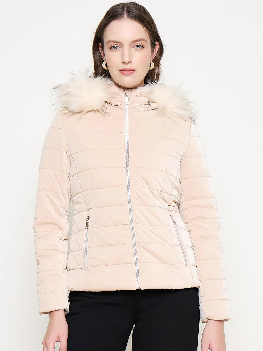 Madame Nylon Detachable Hood Quilted Brown Short Jacket - Image 2