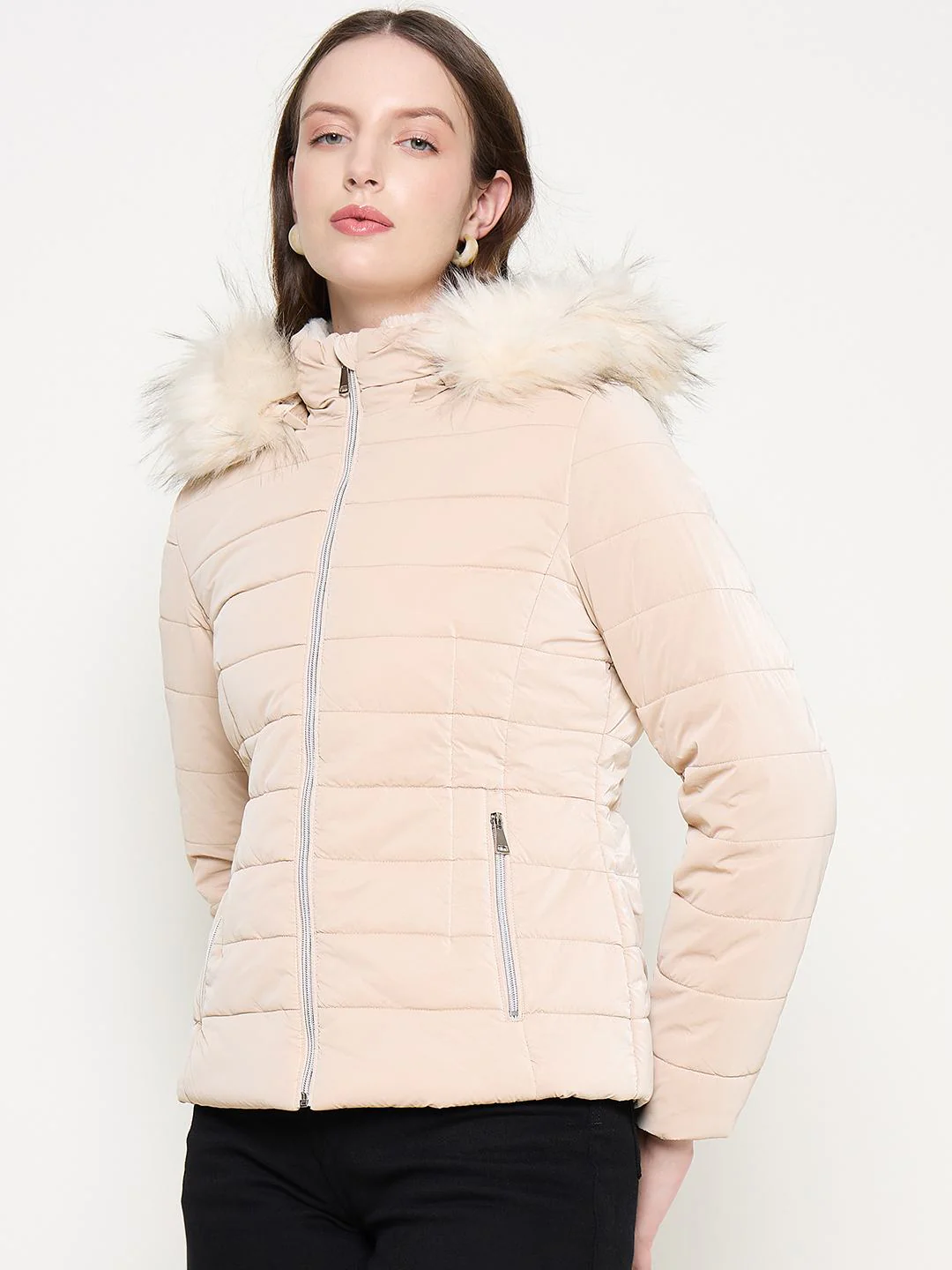 Madame Nylon Detachable Hood Quilted Brown Short Jacket - Image 3