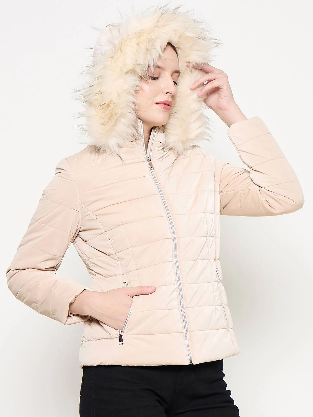 Madame Nylon Detachable Hood Quilted Brown Short Jacket - Image 4