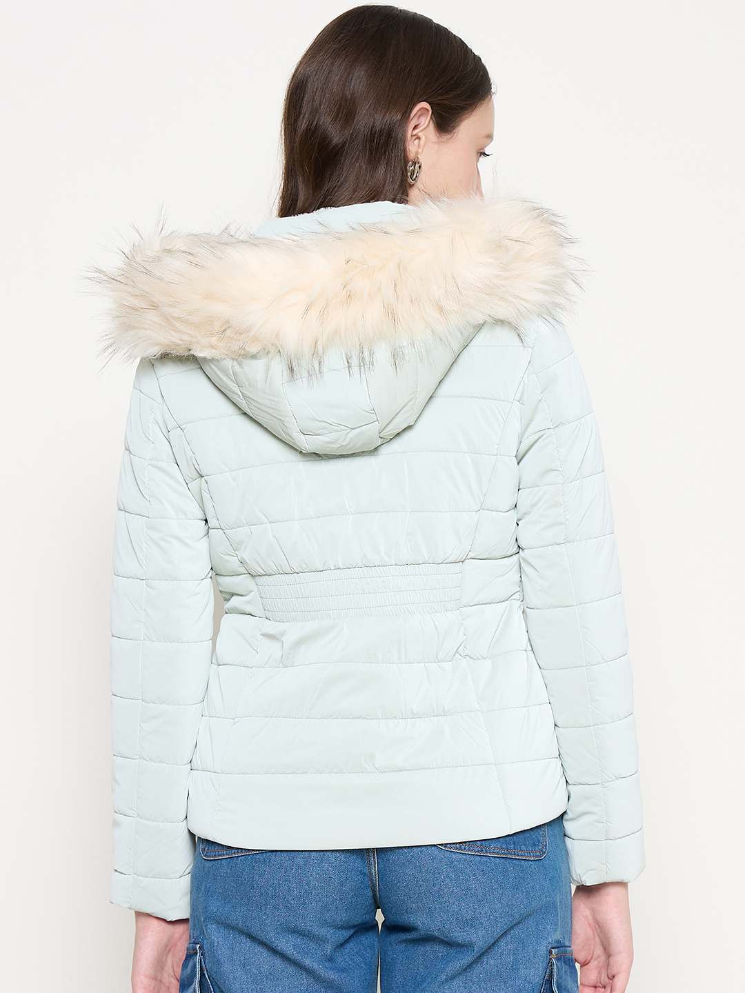 Madame Nylon Detachable Hood Quilted Light Blue Short Jacket - Image 4