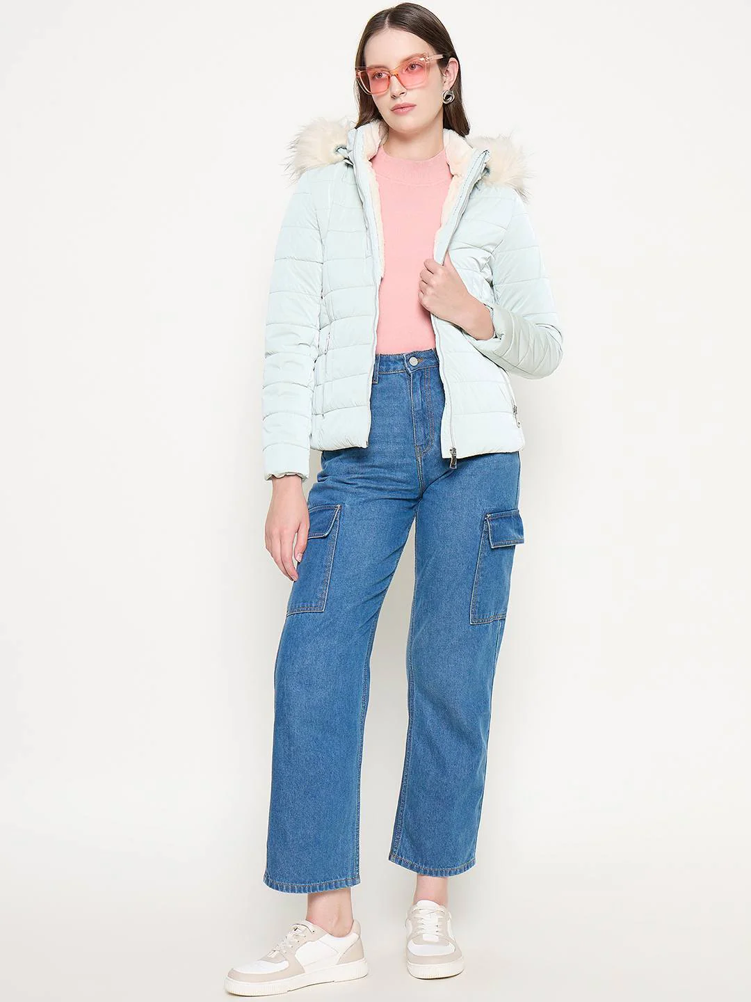 Madame Nylon Detachable Hood Quilted Light Blue Short Jacket - Image 5