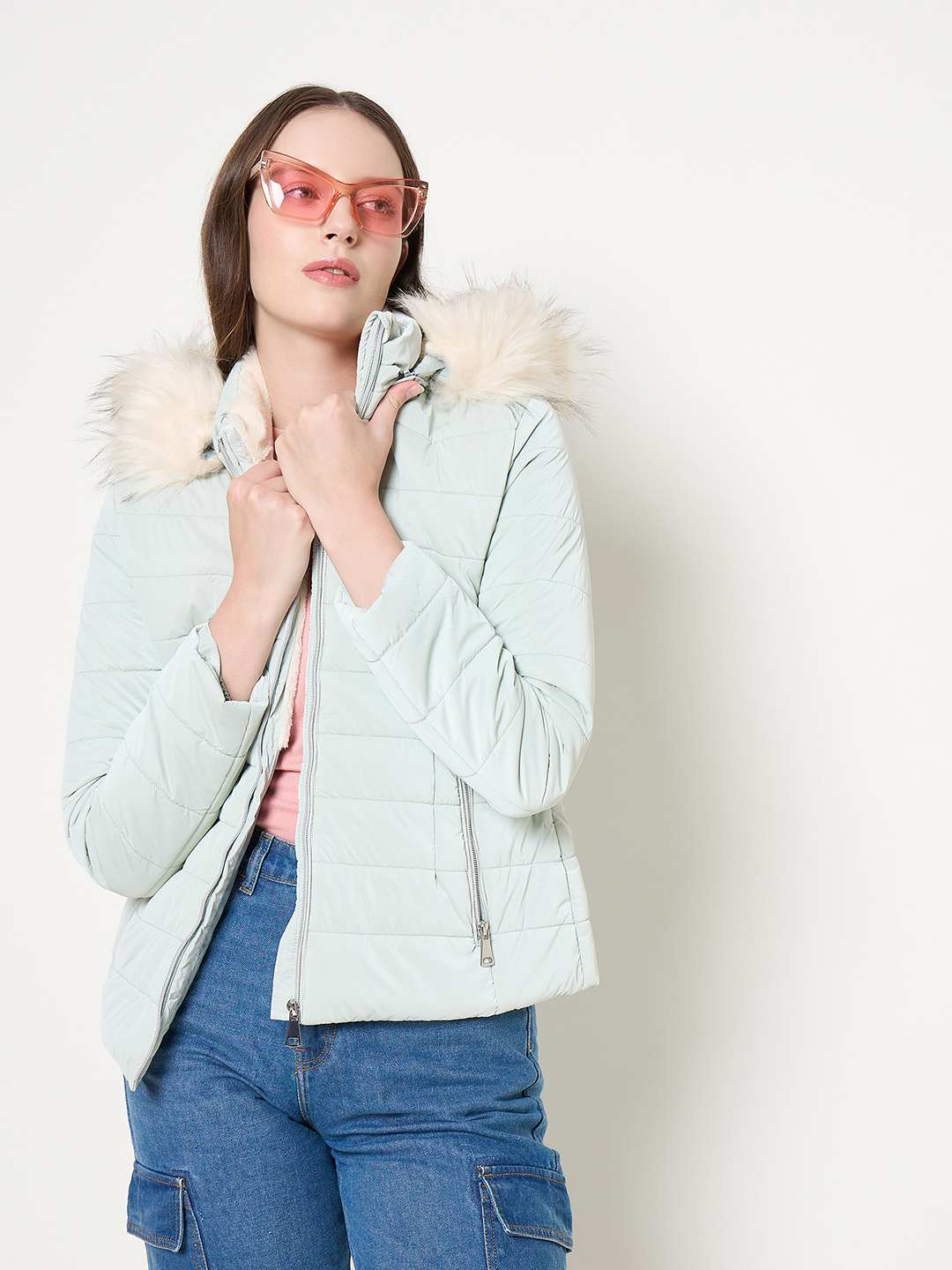 Madame Nylon Detachable Hood Quilted Light Blue Short Jacket - Image 6