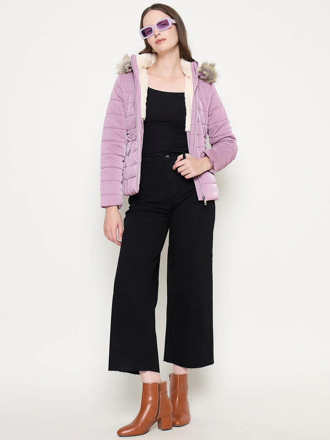 Madame Nylon Detachable Hood Quilted Mauve Short Jacket - Image 2