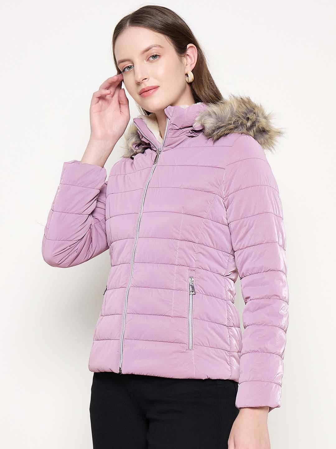 Madame Nylon Detachable Hood Quilted Mauve Short Jacket - Image 3