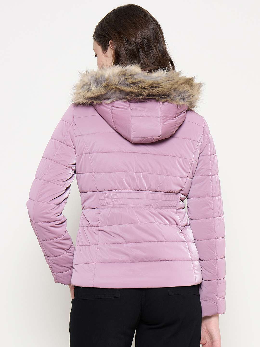 Madame Nylon Detachable Hood Quilted Mauve Short Jacket - Image 5