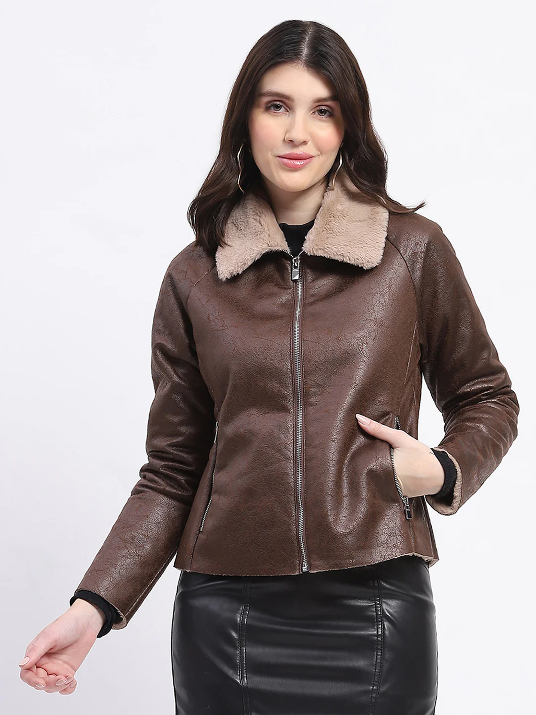 Madame Textured Self Design Brown Suede Jacket - Image 3