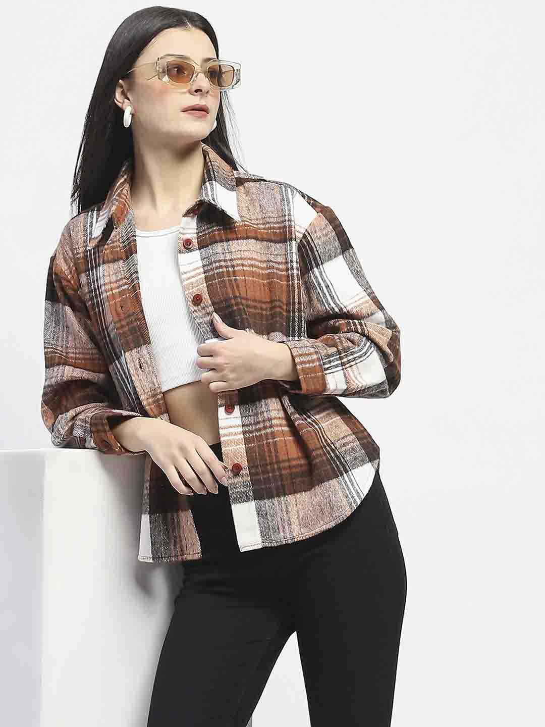 Madame Plaid Pattern Collared Brown Shacket