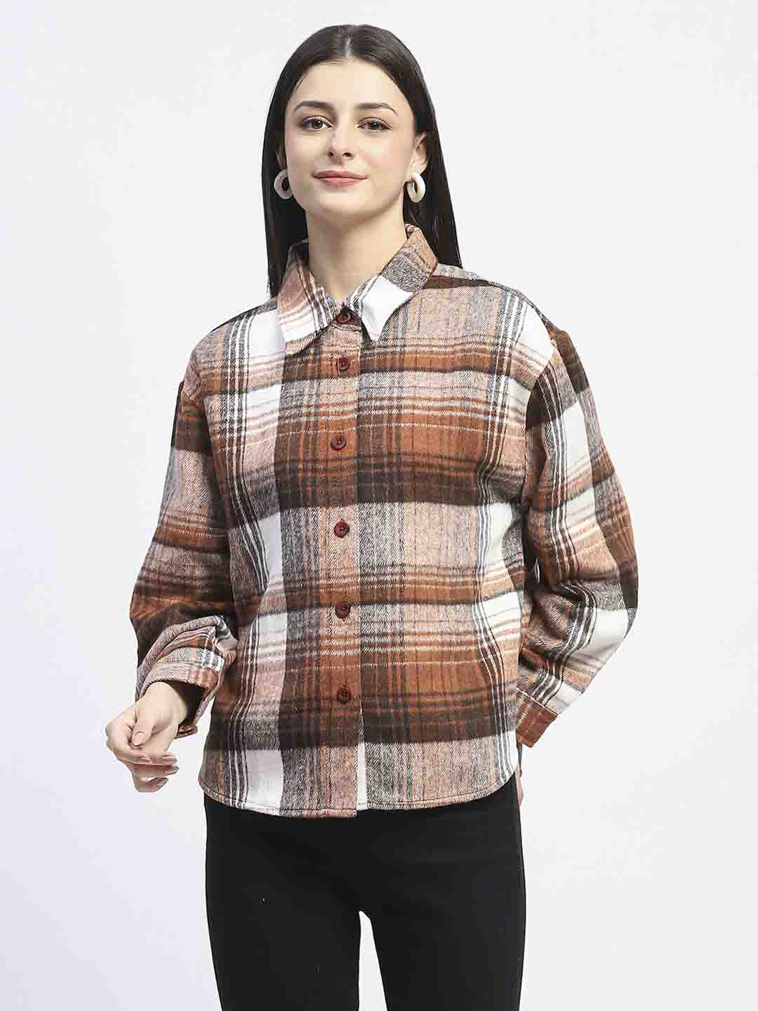 Madame Plaid Pattern Collared Brown Shacket - Image 3